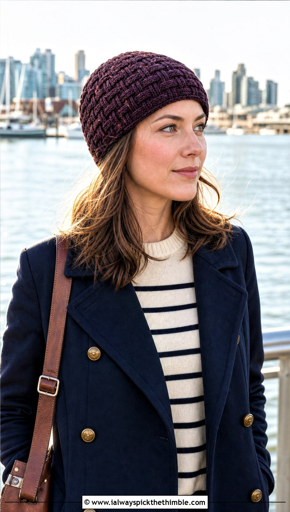 Basketweave Magic Circle Crochet Beanie With Peacoat - 20 Crochet Beanie Magic Circle outfit ideas