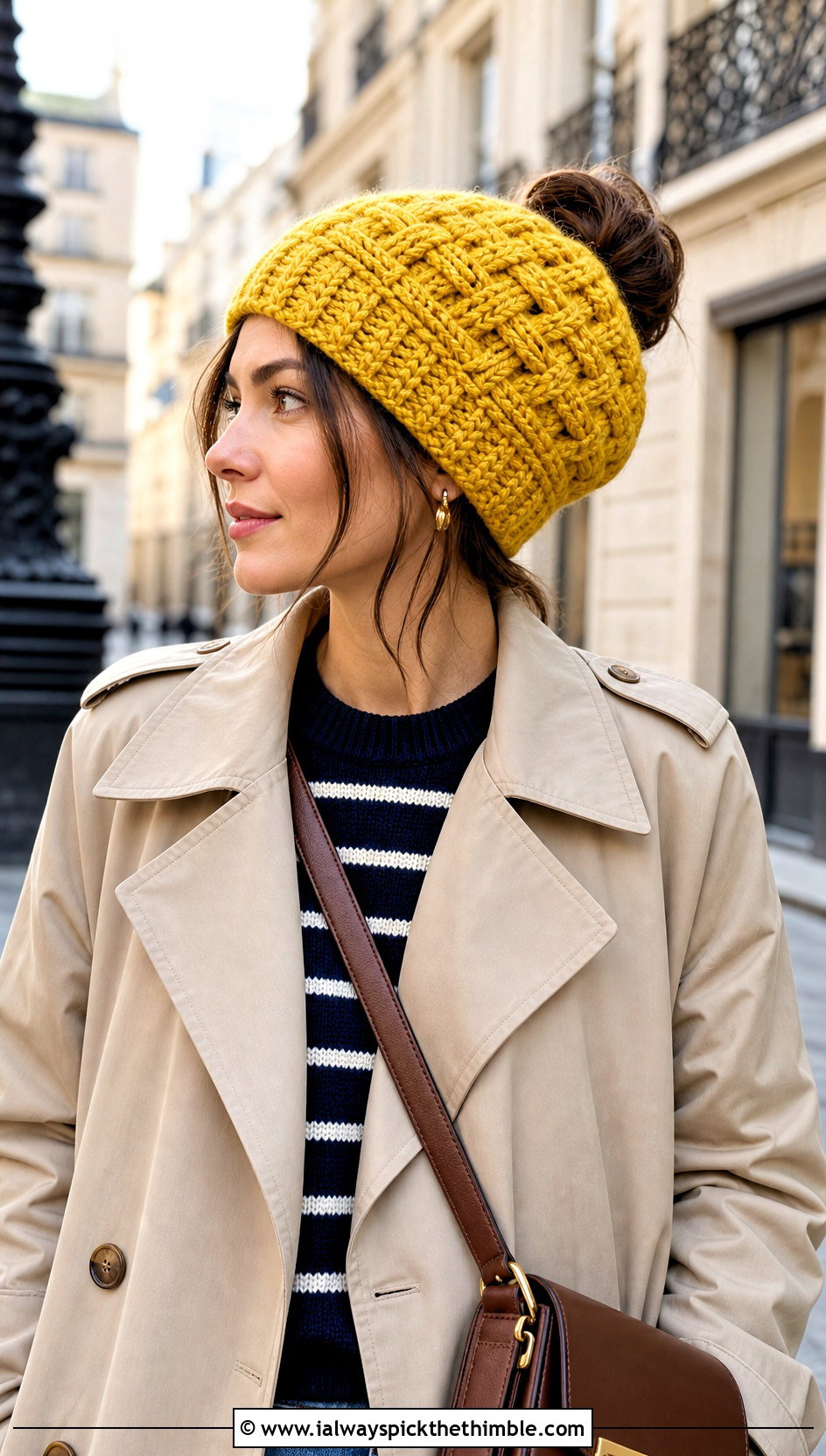 Basketweave Messy Bun Crochet Beanie With Trench Coat - 20 easy messy bun crochet beanie outfit ideas