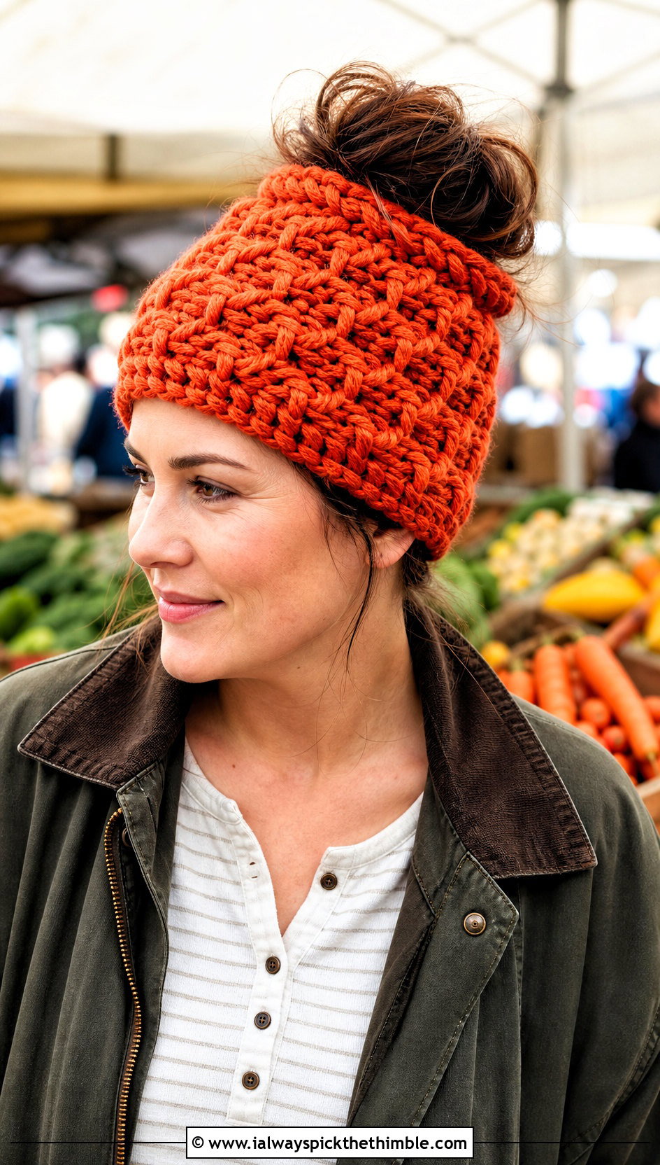 Basketweave Messy Bun Crochet Hat With Barn Jacket - 20 messy bun crochet hat with hair tie outfit ideas