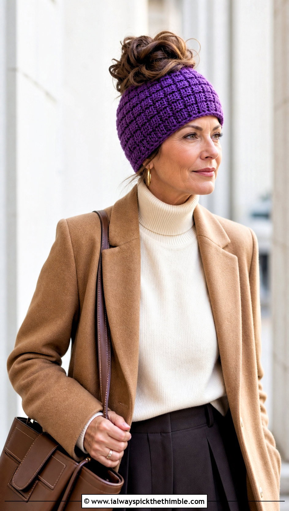 Basketweave Messy Bun Crochet Hat With Camel Coat - 25 crochet messy bun hat outfit ideas