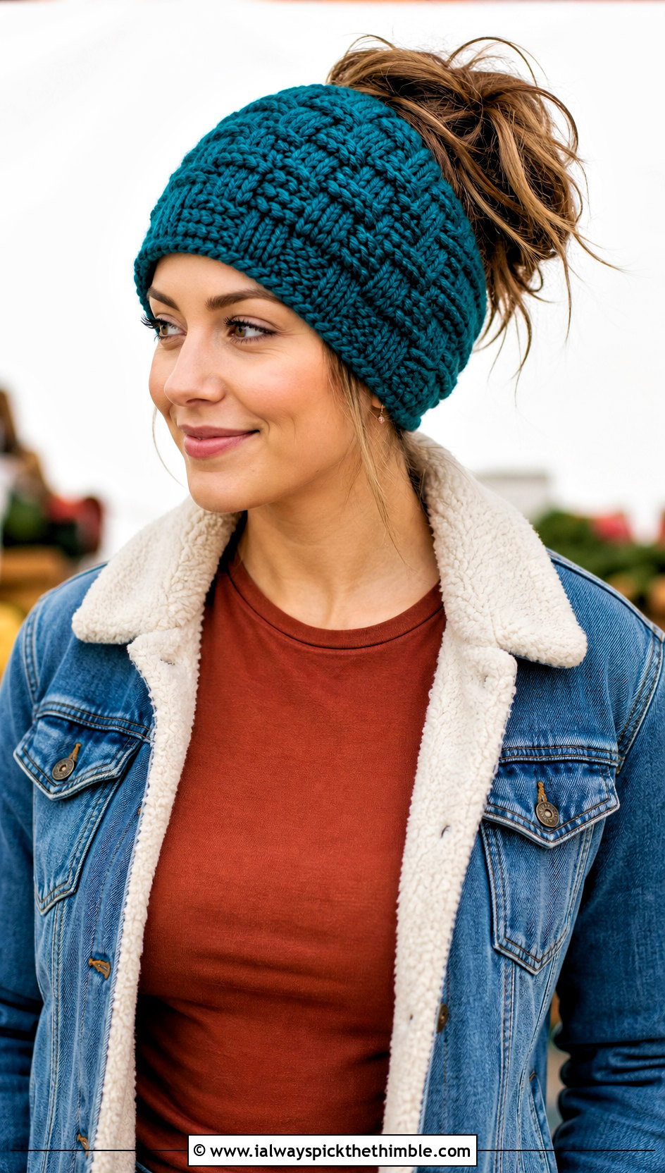 Basketweave Messy Bun Crochet Hat With Denim Jacket - 20 Messy Bun Crochet Hat outfit ideas