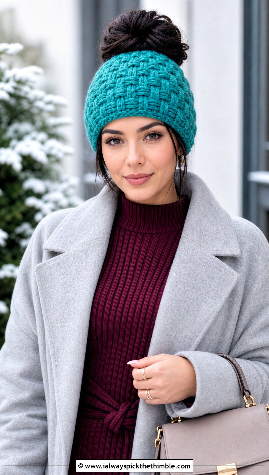 Basketweave Messy Bun Crochet Hat With Sweater Dress - 20 Easy Messy Bun Crochet Hat outfit ideas