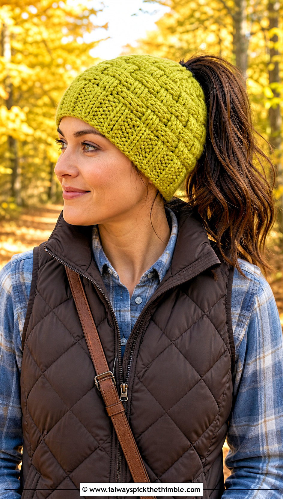 Basketweave Ponytail Crochet Hat With Quilted Vest - 20 ponytail crochet hat outfit ideas