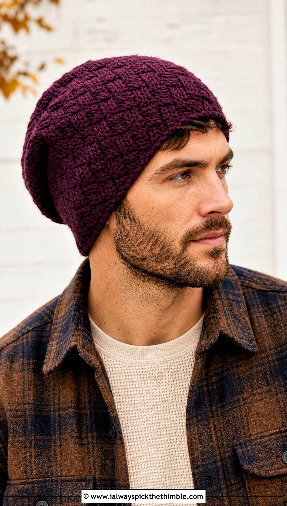 Basketweave Slouch Crochet Beanie With Plaid Overshirt - 20 Mens Slouch Crochet Beanie outfit ideas