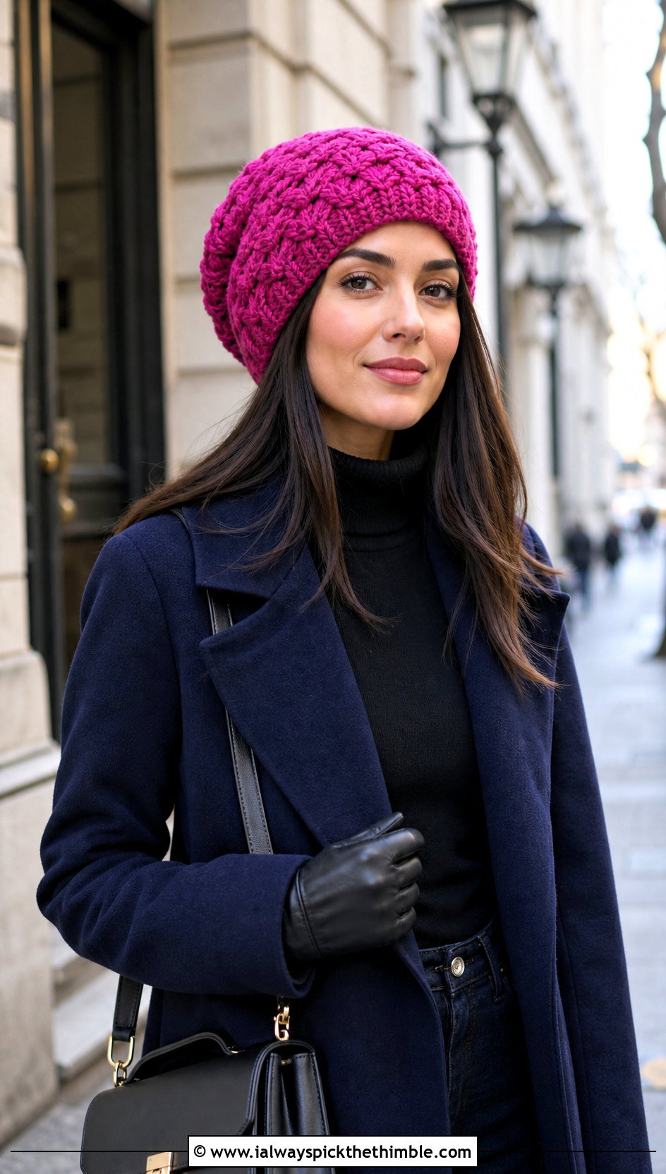 Basketweave Slouchy Beanie With Wool Coat And Turtleneck - 25 crochet slouchy beanie outfit ideas