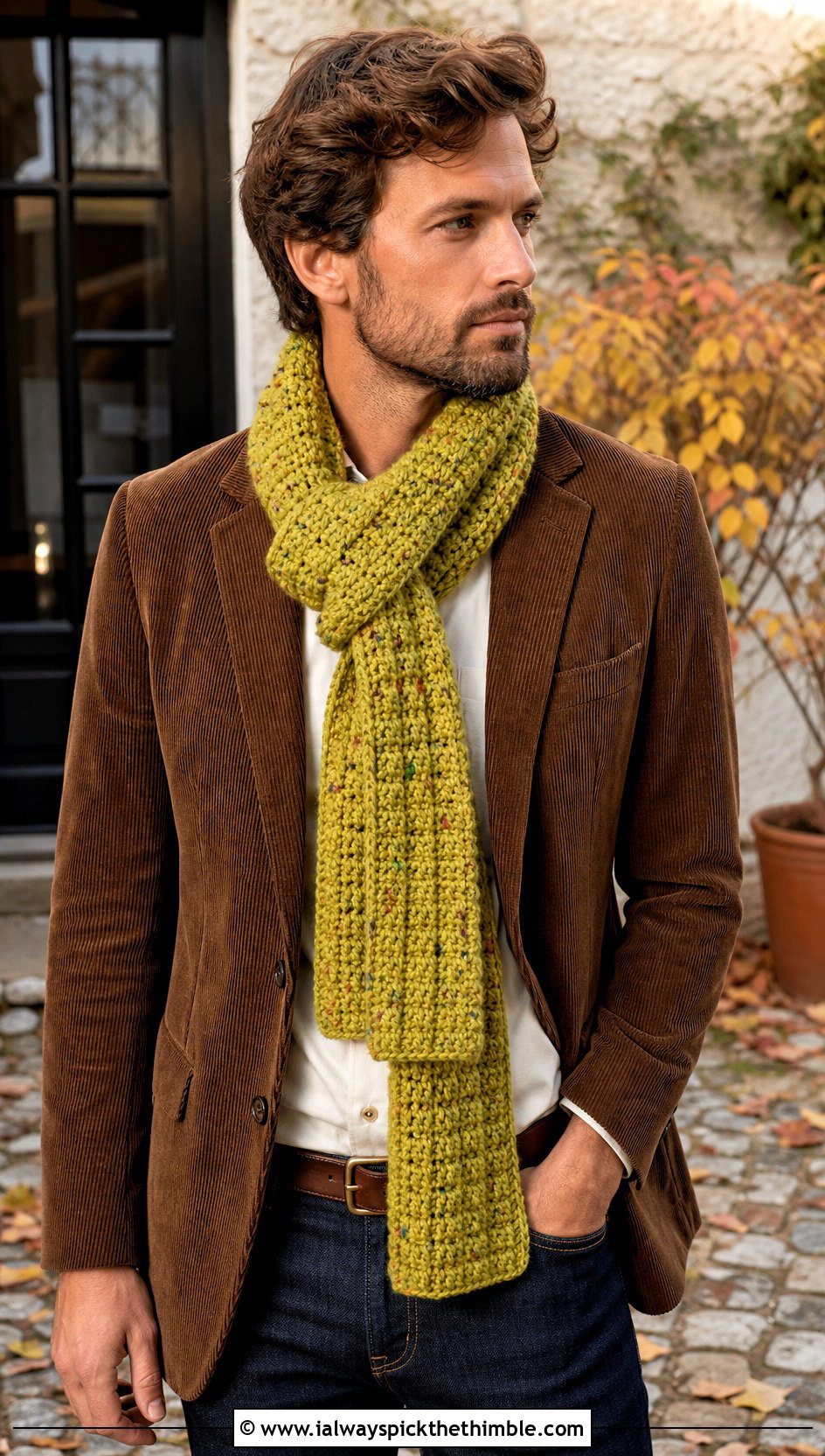 Basketweave Tweed Crochet Scarf With Corduroy Blazer - 15 Tweed Men's Crochet Scarf outfit ideas