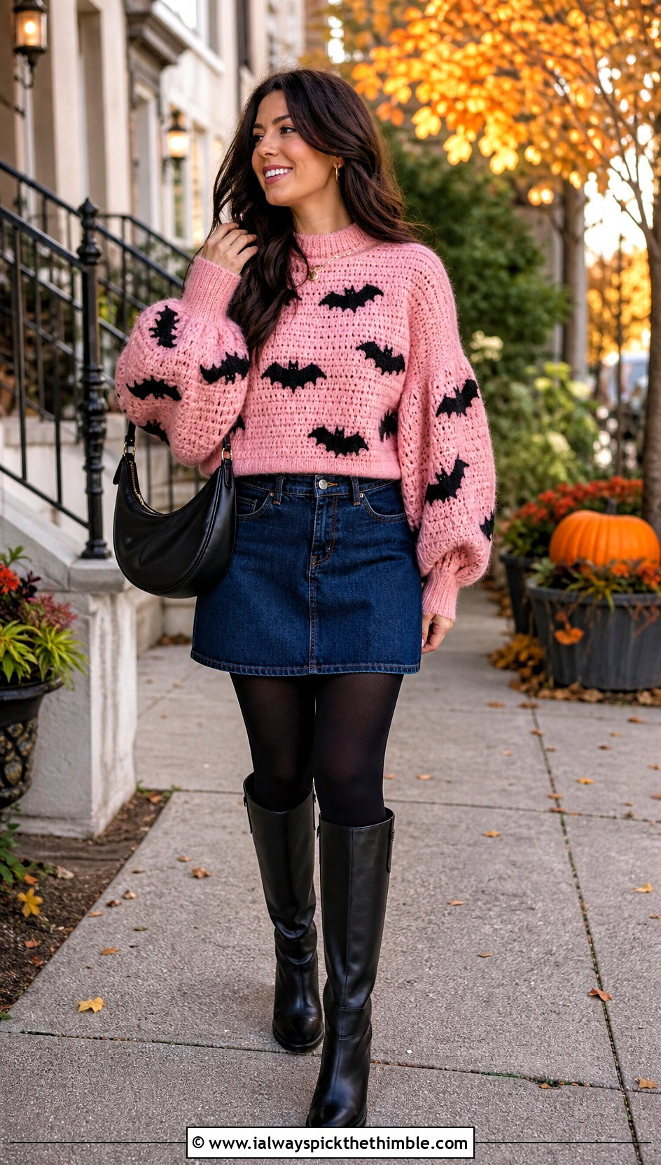 Bat Balloon Sleeve Halloween Crochet Jumper With Denim Mini Skirt - 15 Halloween Crochet Jumper outfit ideas
