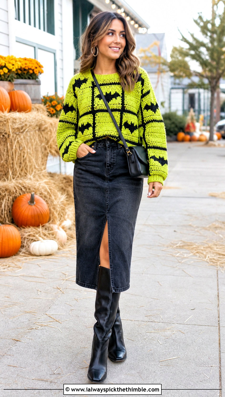 Bat Granny Square Halloween Sweater With Denim Midi Skirt - 15 Crochet Granny Square Halloween Sweater outfit ideas