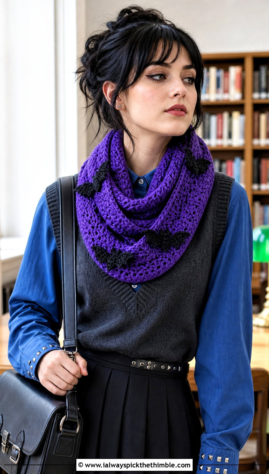Bat Motif Infinity Halloween Scarf With Sweater Vest - 20 crochet halloween scarf outfit ideas
