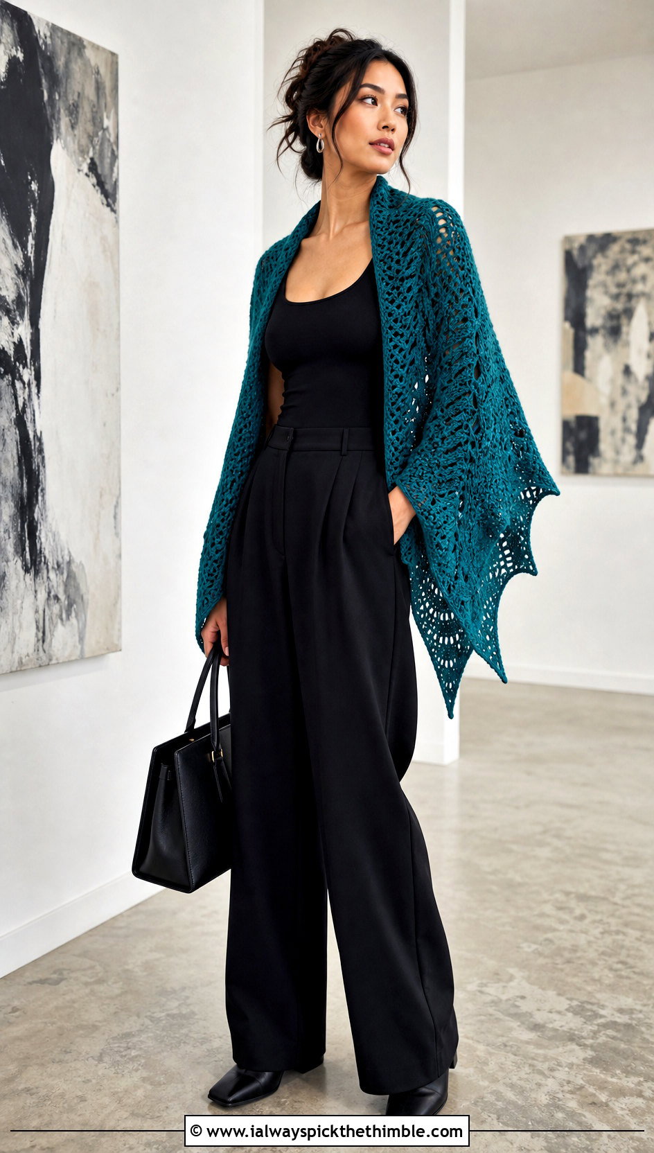 Bat Wing Crochet Shawl With Wide Leg Trousers - 20 halloween crochet shawl outfit ideas
