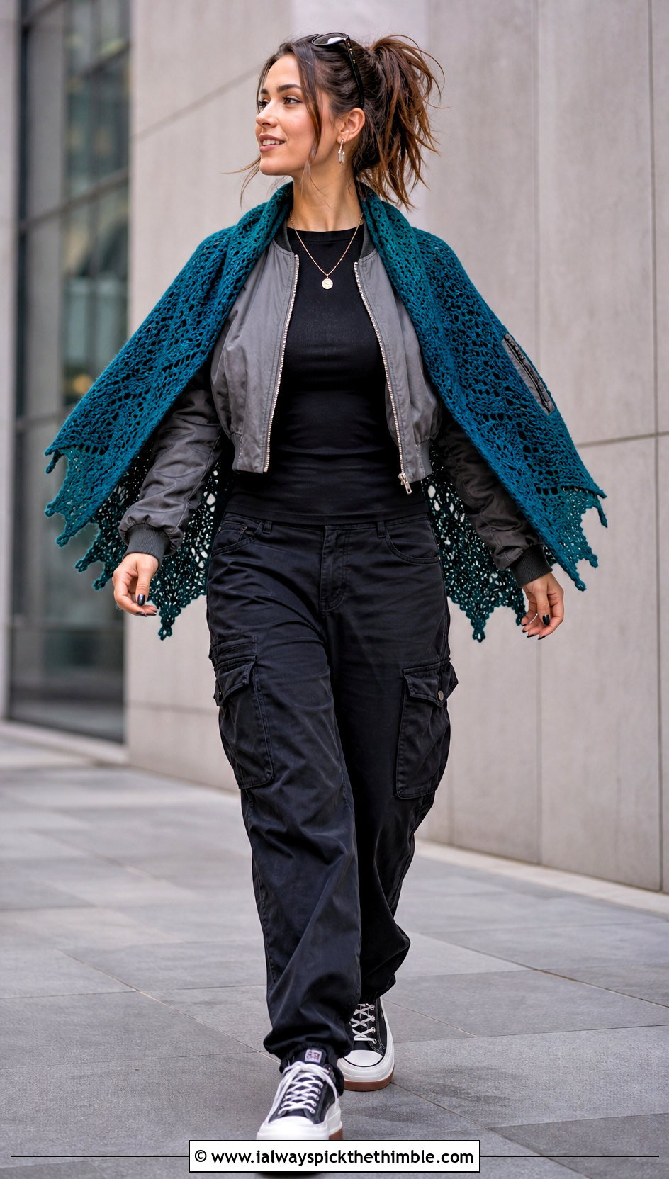 Bat Wing Semicircle Shawl With Cargo Pants - 20 Crochet Halloween Shawl outfit ideas