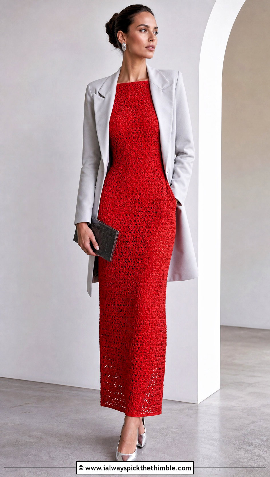 Bateau Neck Crochet Column Dress With Long Blazer - 25 crochet formal dress outfit ideas