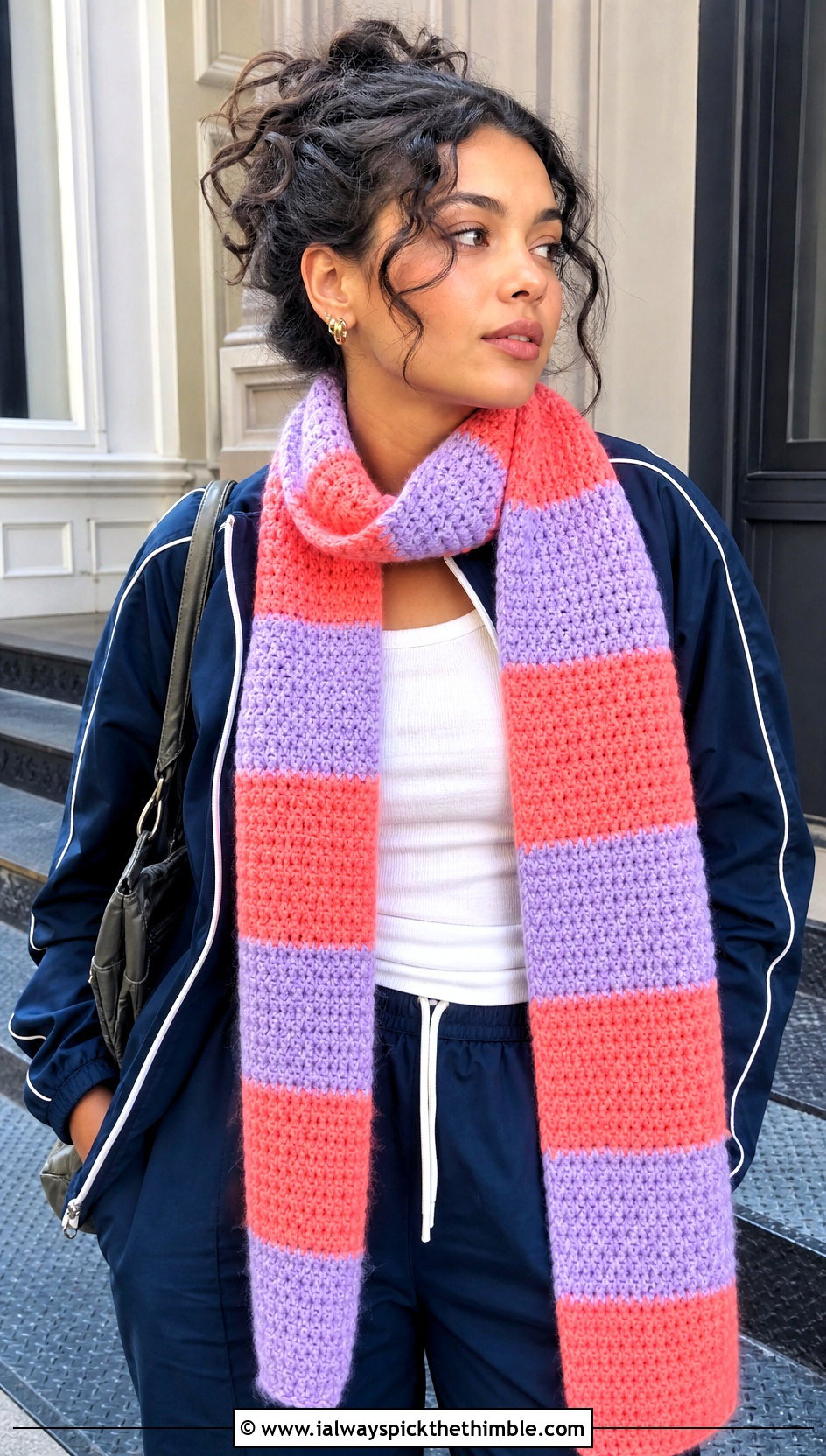 Battenberg Checkered Crochet Scarf With Track Jacket - 20 Checkered Crochet Scarf outfit ideas