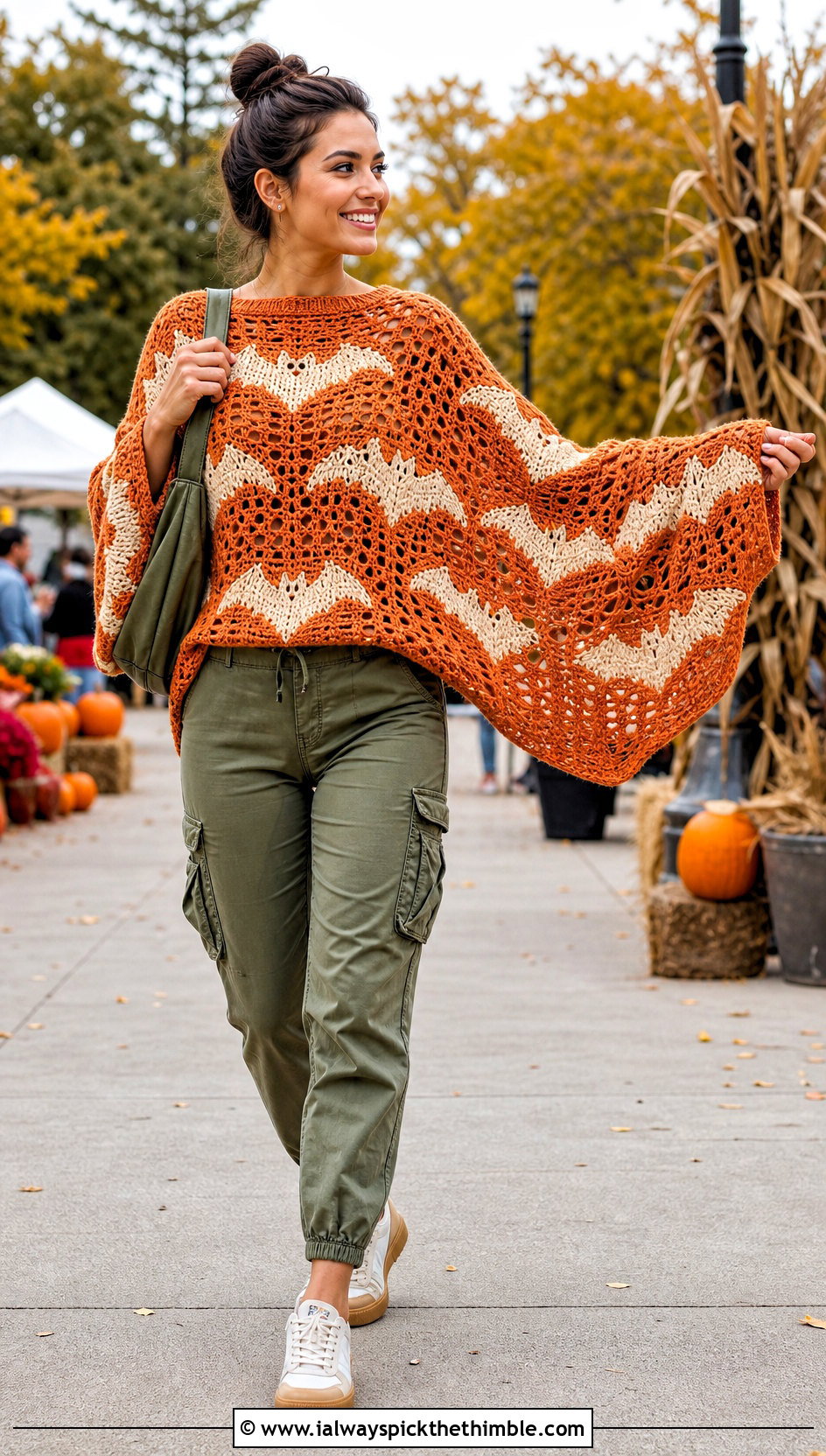 Batwing Bat Motif Crochet Halloween Sweater With Cargo Pants - 25 Crochet Halloween Sweater outfit ideas