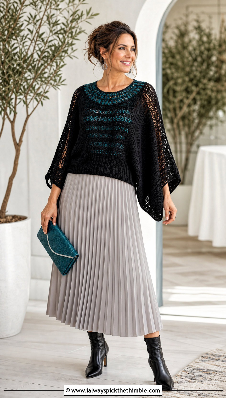 Batwing Black Crochet Sweater With Pleated Midi Skirt - 15 black crochet sweater fall fashion and outfit ideas