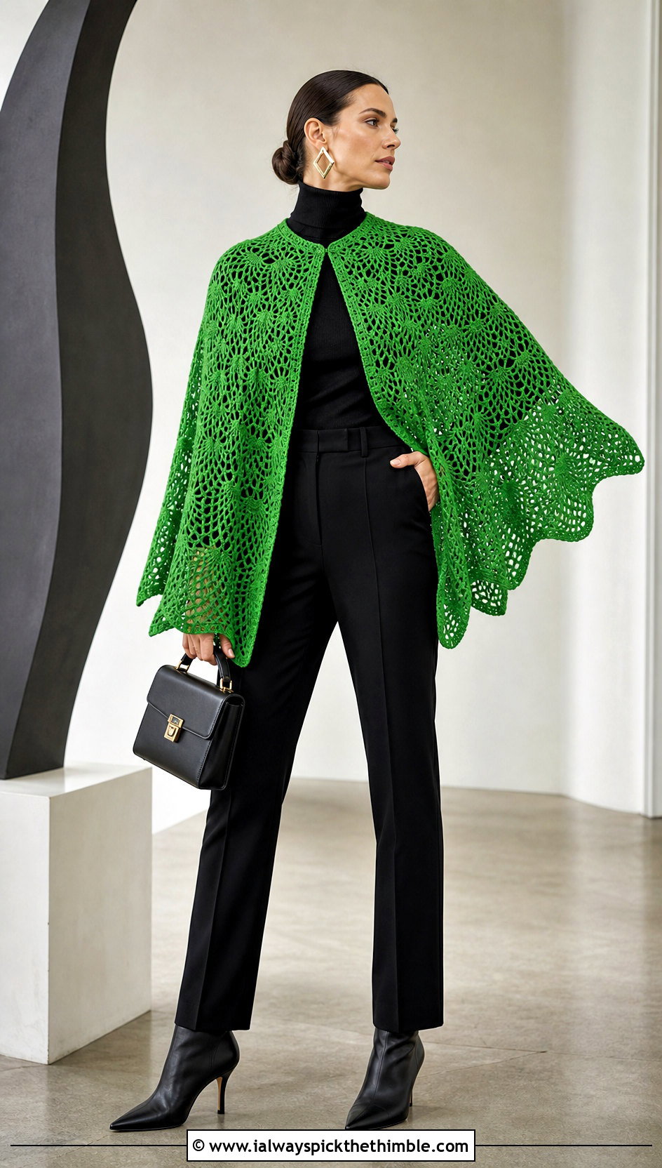 Batwing Crochet Cape With Turtleneck And Tailored Trousers - 20 Crochet Halloween Clothing and outfit ideas