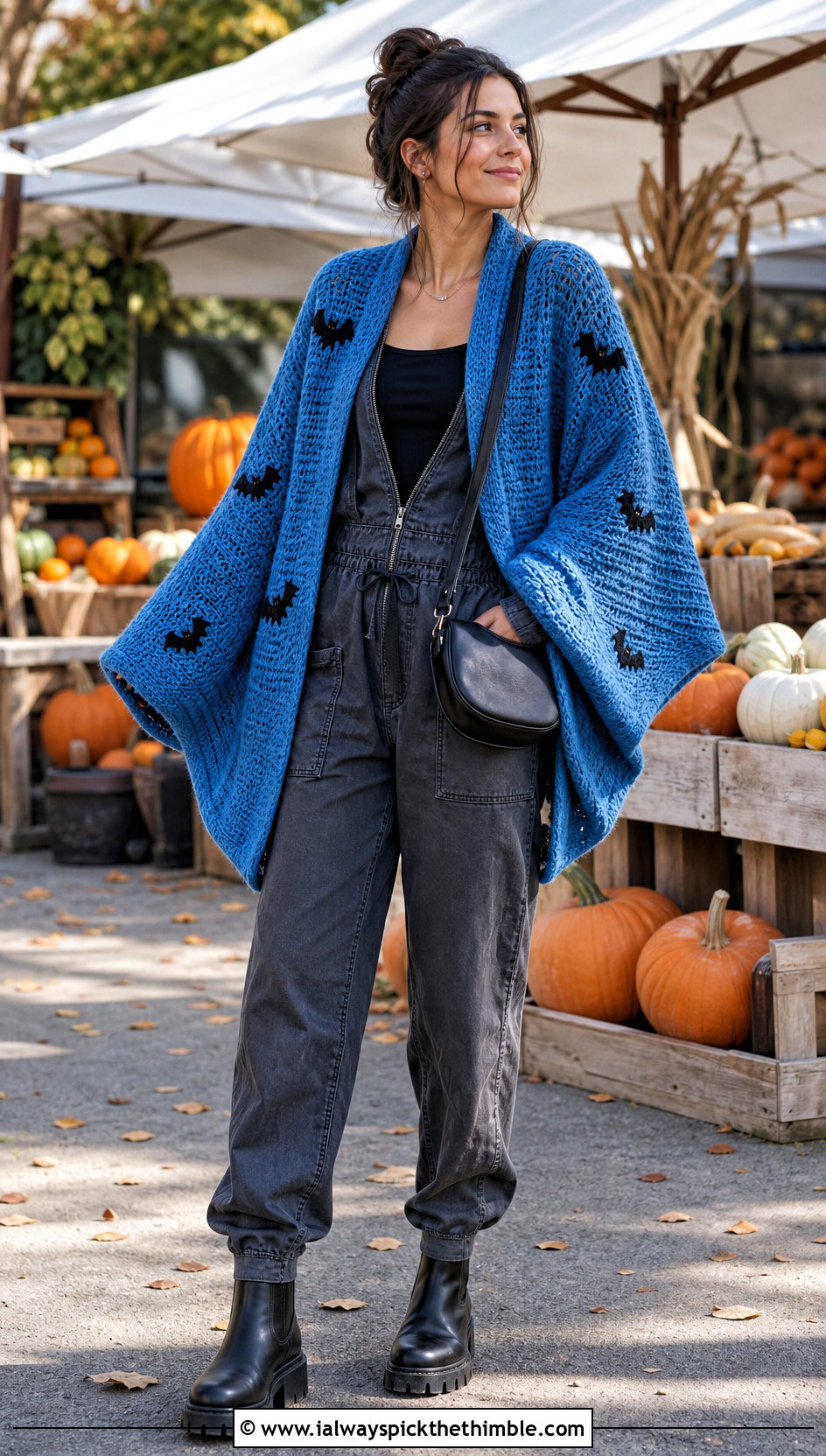 Batwing Crochet Cardigan With Utility Jumpsuit - 20 halloween crochet cardigan outfit ideas