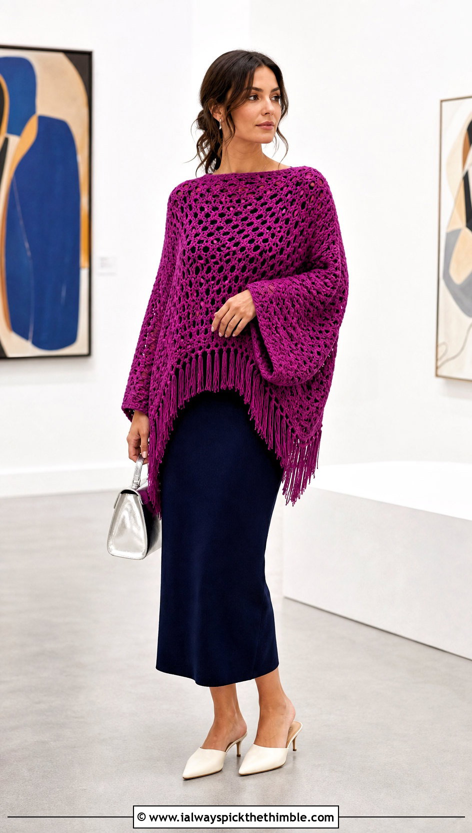 Batwing Crochet Fringe Sweater With Slim Midi Dress - 20 Crochet Fringe Sweater outfit ideas
