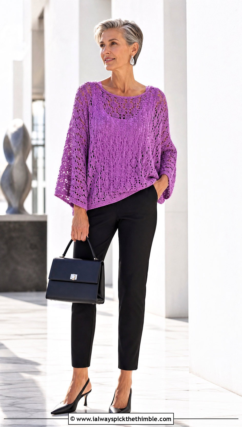 Batwing Crochet Pullover With Cigarette Pants - 20 women crochet pullover outfit ideas