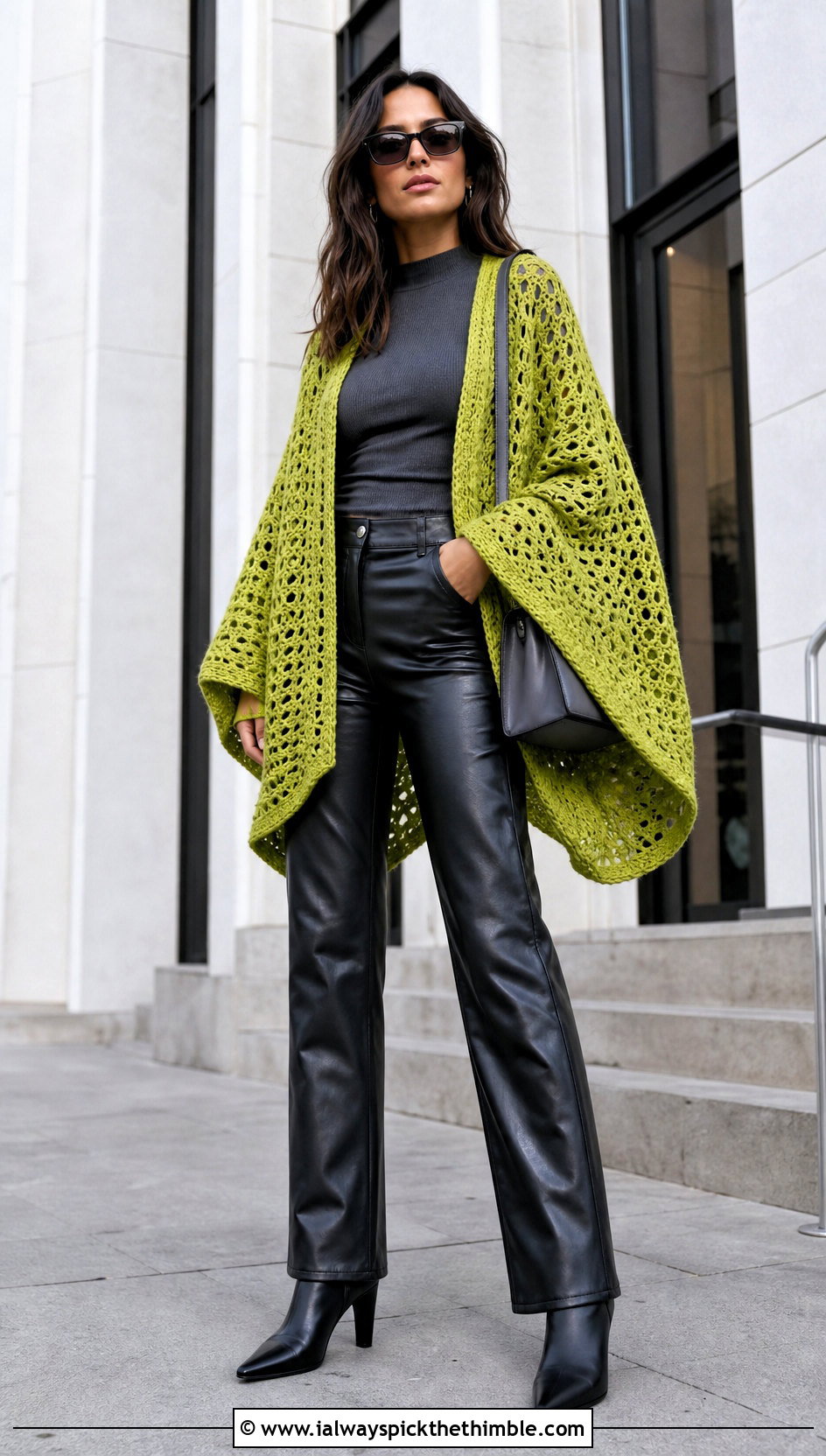 Batwing Crochet Shrug With Faux Leather Pants - 20 cute crochet shrug outfit ideas