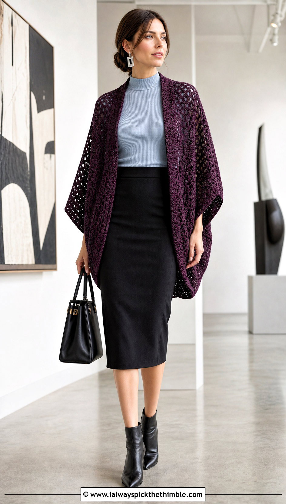 Batwing Crochet Shrug Wrap With Pencil Skirt - 20 crochet shrug wrap outfit ideas