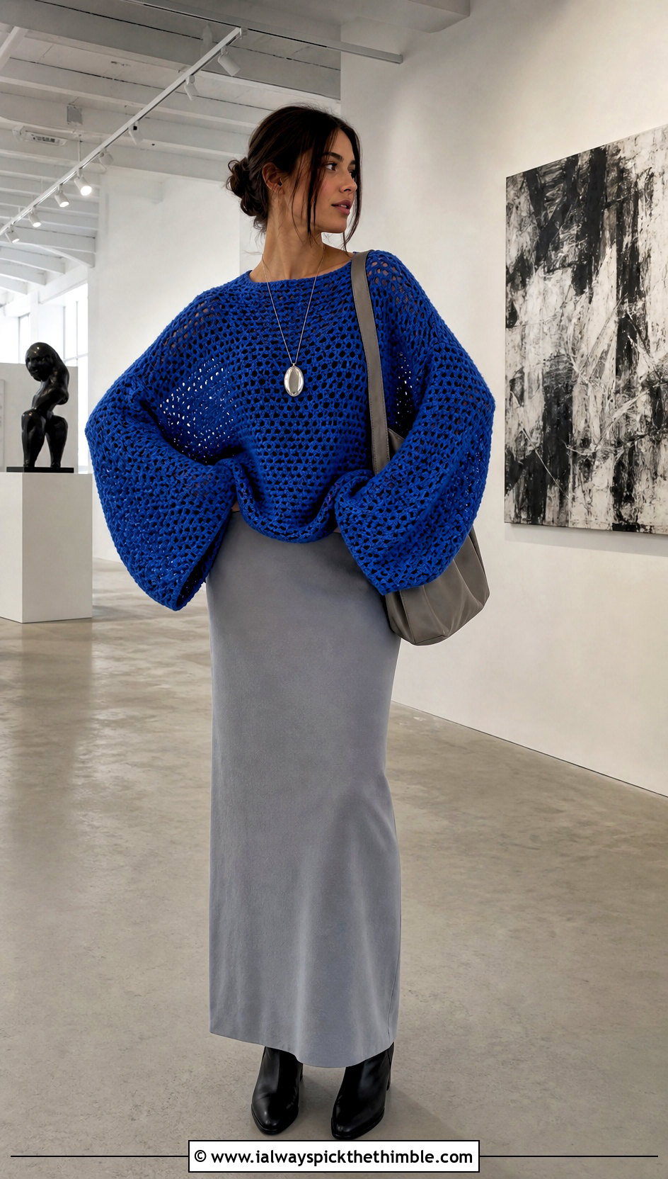 Batwing Crochet Sweater With Column Maxi Skirt - 25 oversized crochet sweater outfit ideas