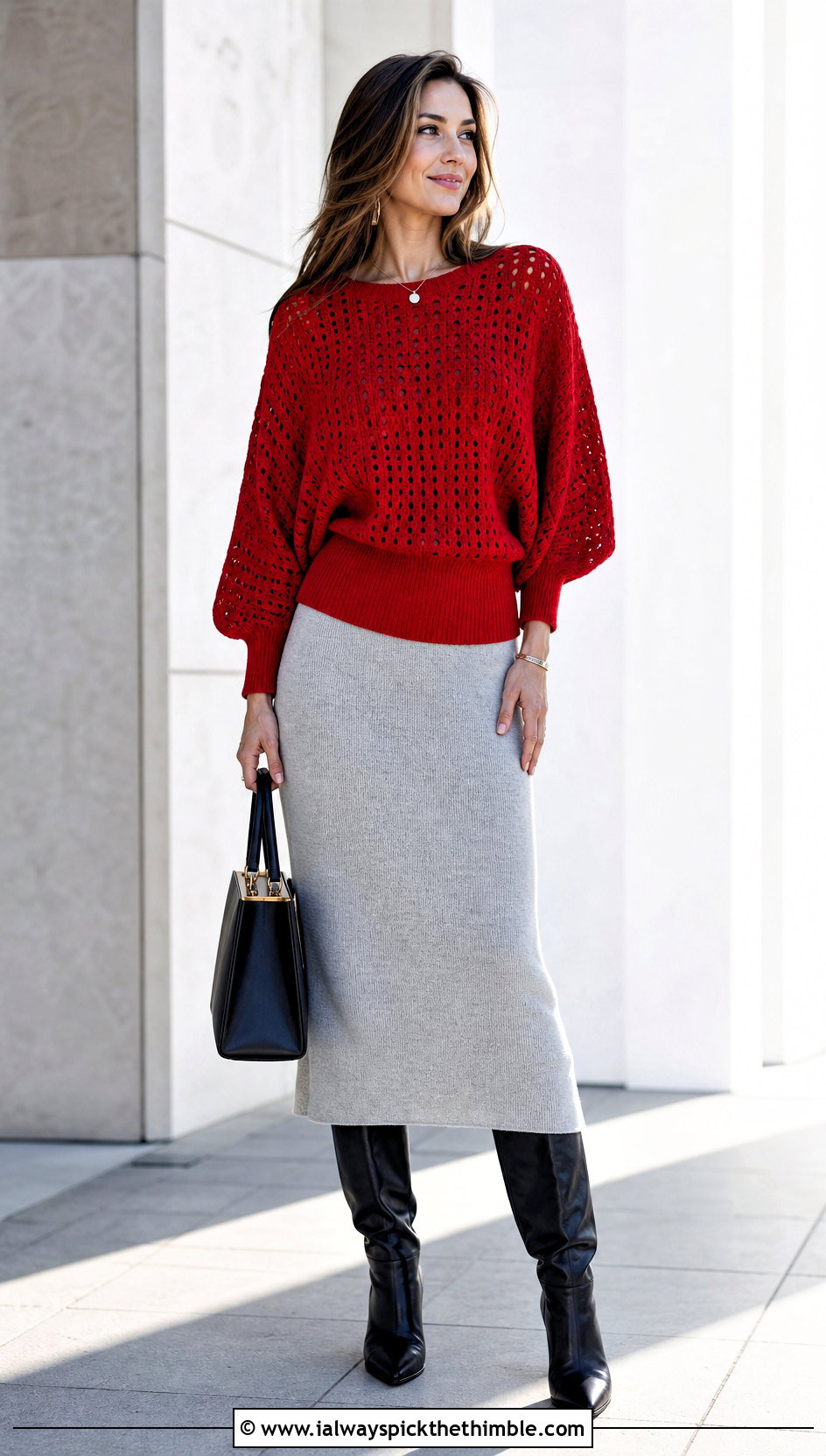 Batwing Crochet Sweater With Knit Midi Skirt - 20 Comfy Crochet Sweater outfit ideas