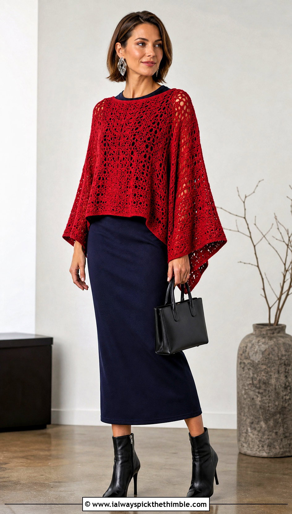 Batwing Crochet Sweater With Slim Midi Dress - 25 fall crochet sweater outfit ideas