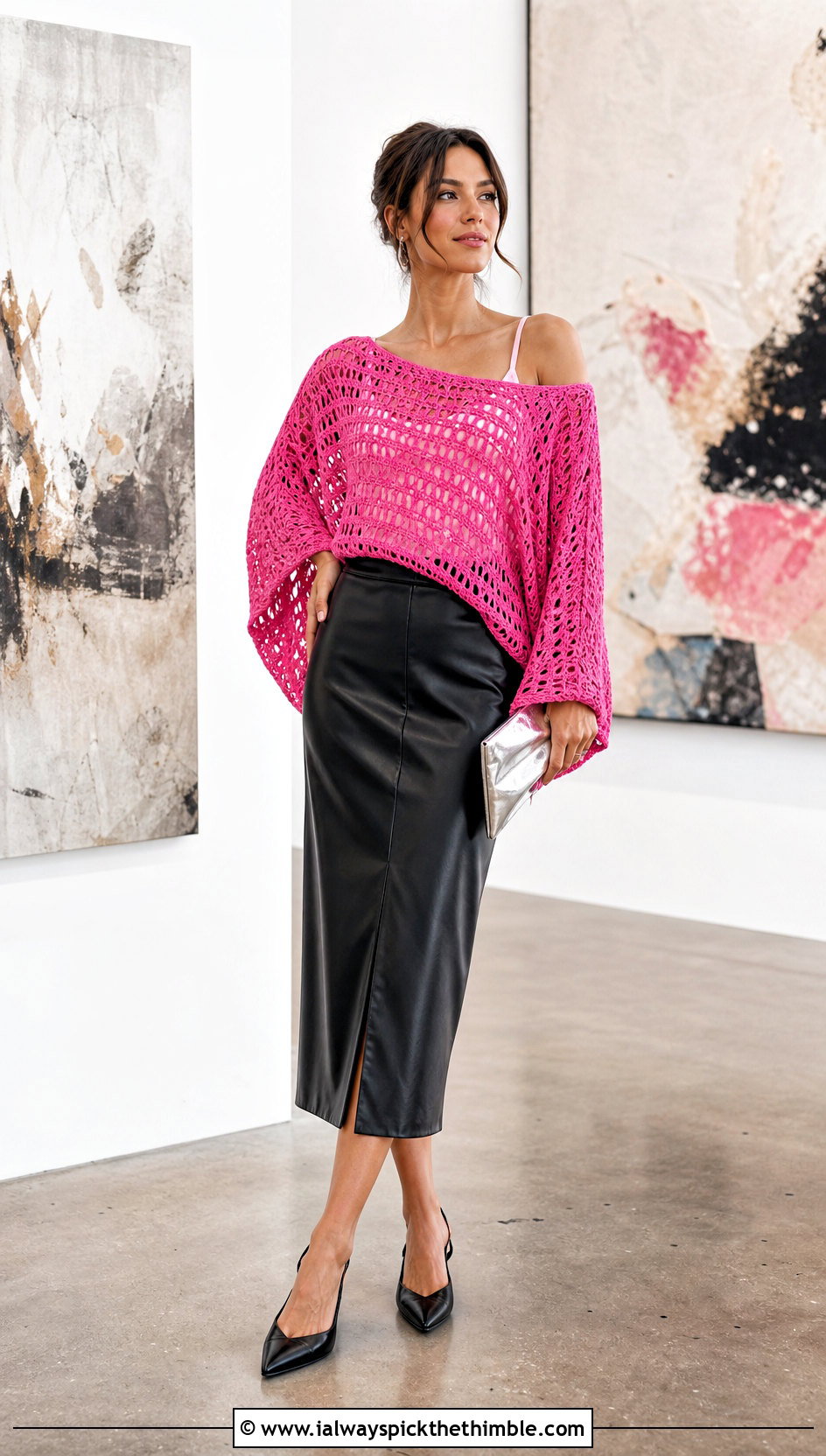 Batwing Crochet Top With Leather Midi Skirt - 25 loose crochet top outfit ideas