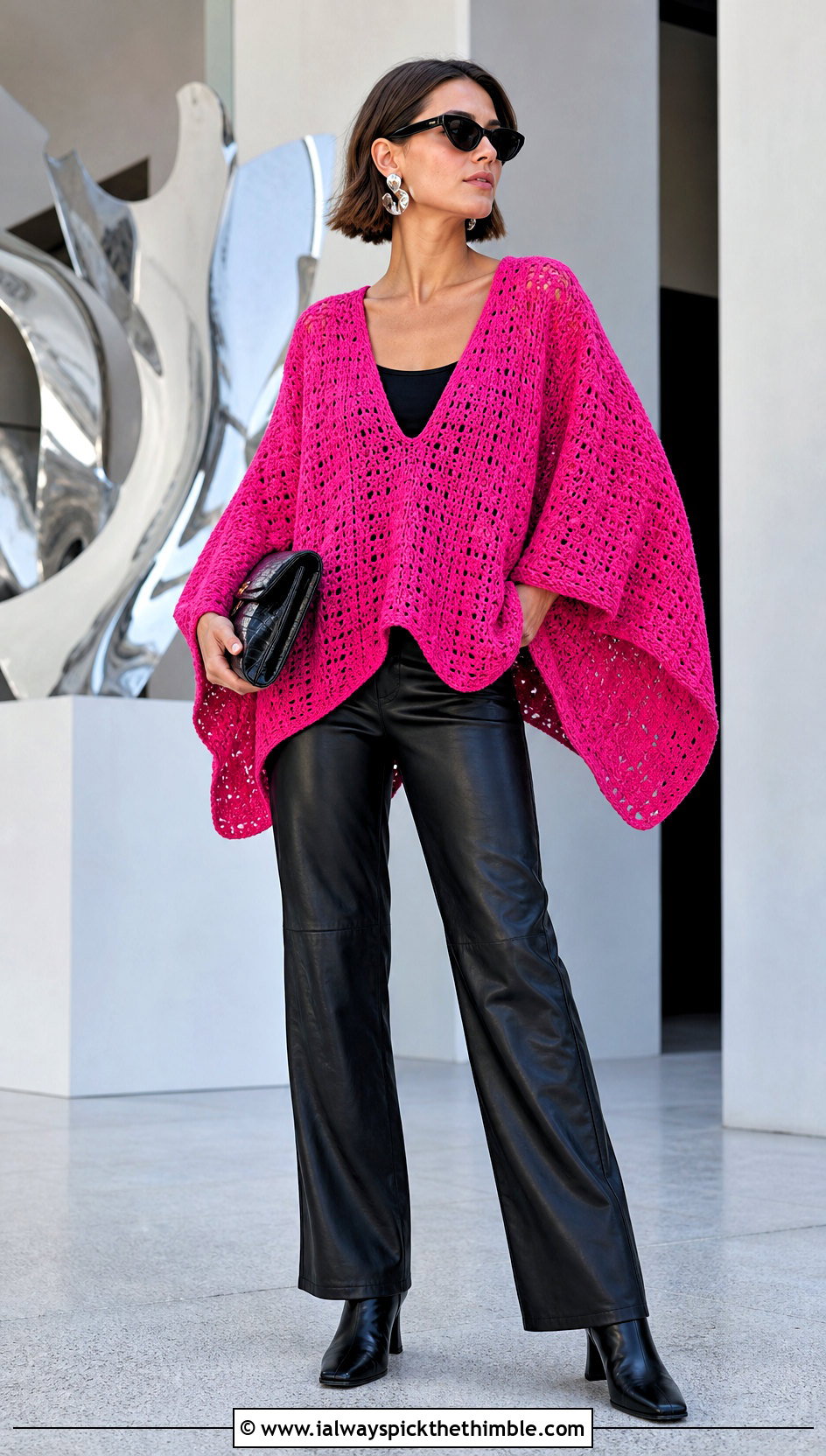 Batwing Crochet Top With Leather Pants - 20 Flowy Crochet Top outfit ideas