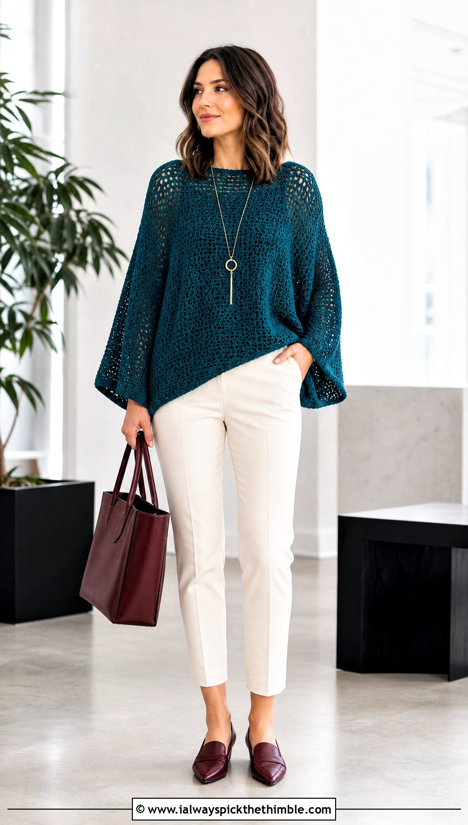 Batwing Crocheted Sweater With Slim Cropped Pants - 25 crocheted sweaters outfit ideas