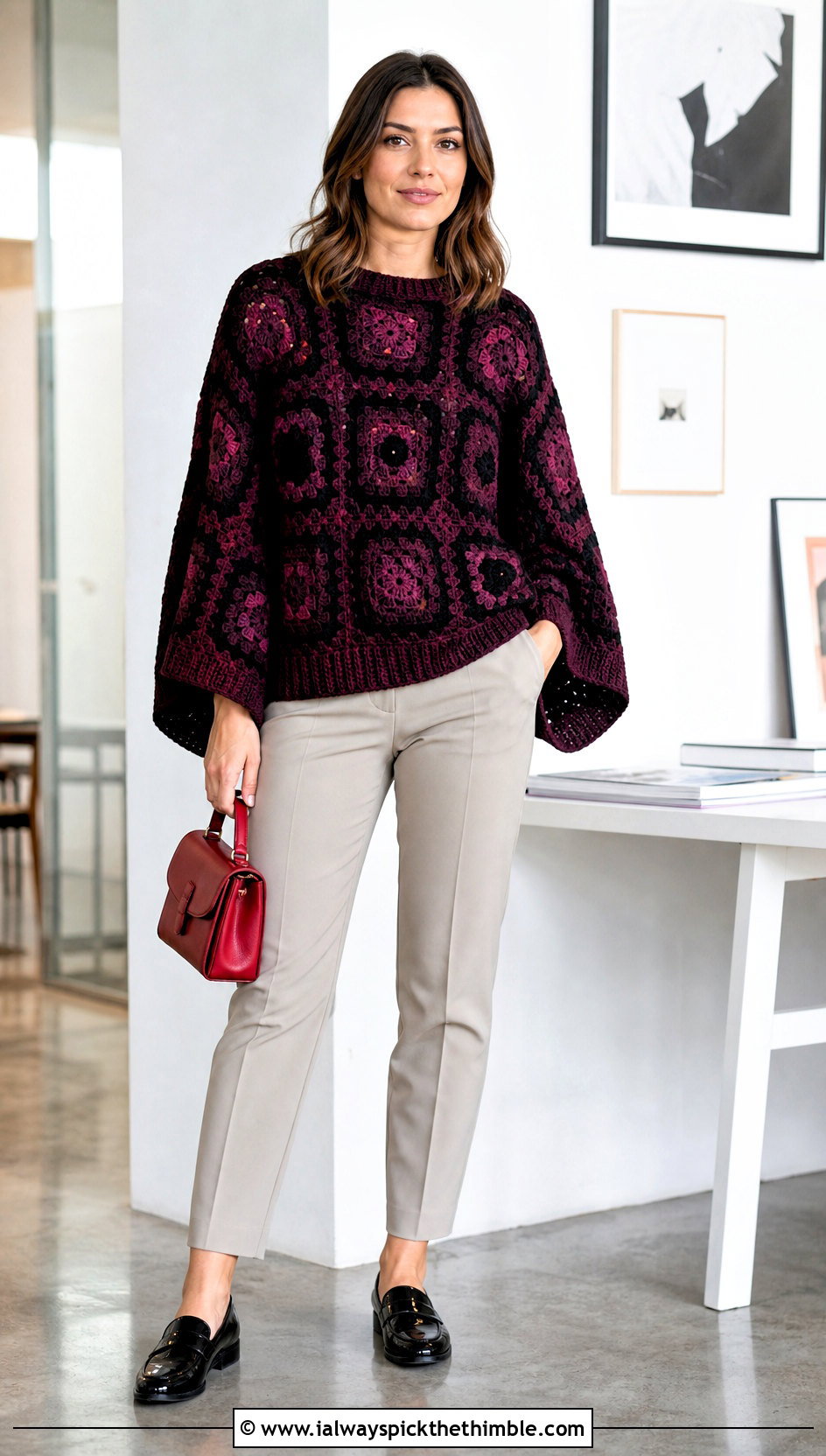 Batwing Granny Square Pullover Sweater With Slim Ankle Pants - 25 Granny Square Pullover Sweater outfit ideas