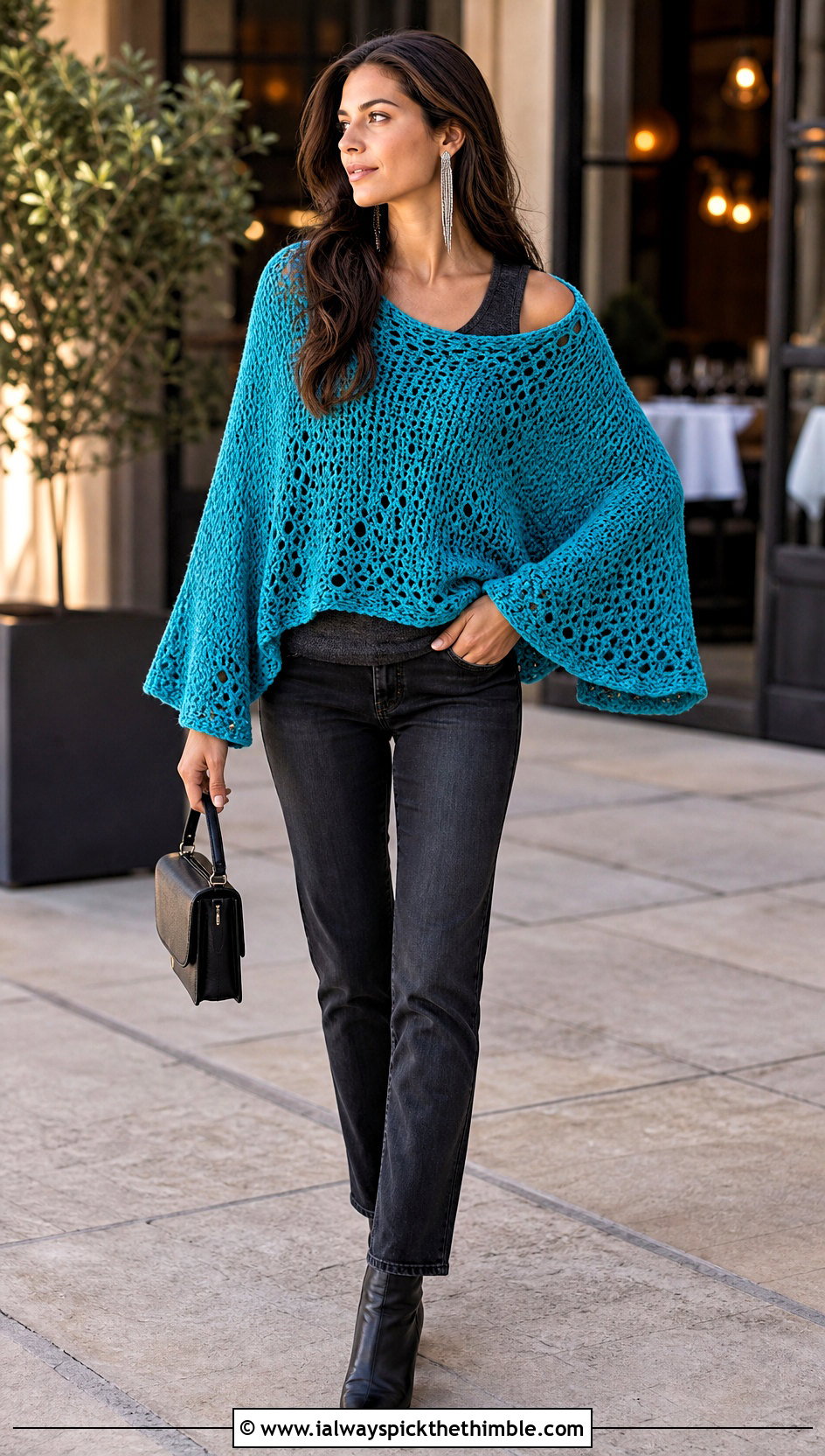 Batwing Lace Crochet Sweater With Slim Jeans - 20 lace crochet sweater outfit ideas