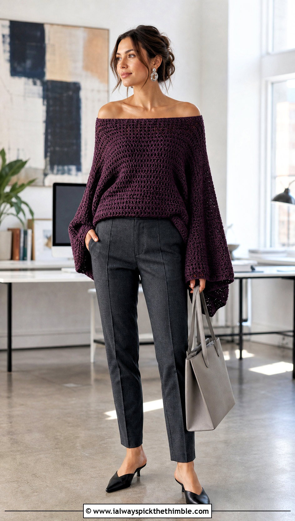 Batwing Off The Shoulder Crochet Sweater With Tailored Trousers - 20 off the shoulder crochet sweater outfit ideas