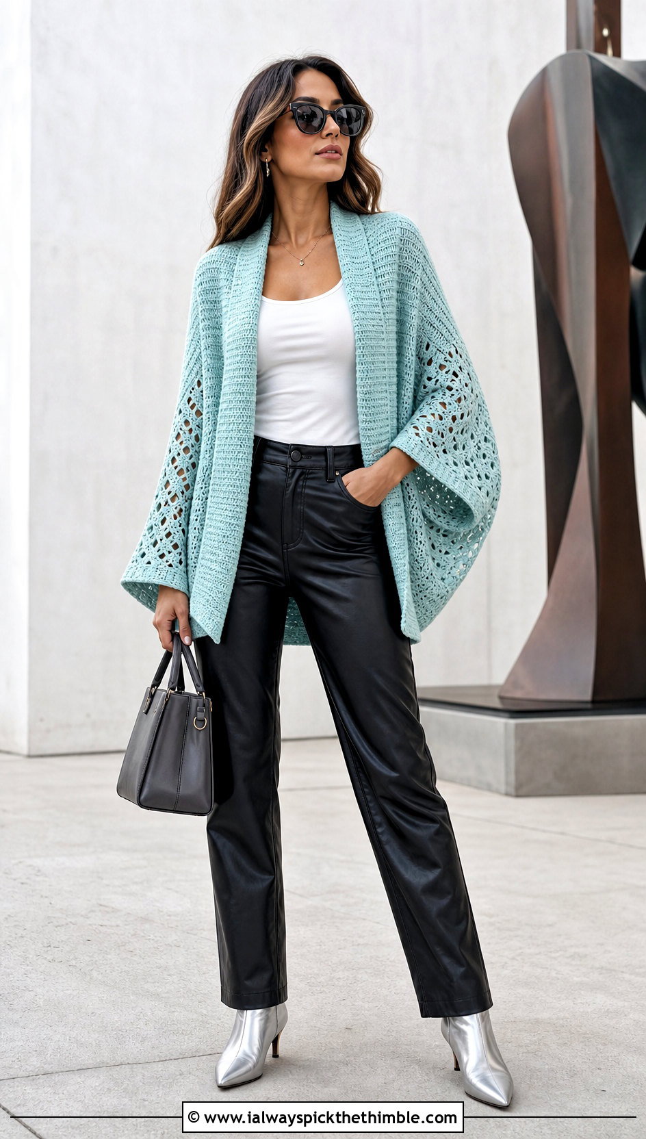 Batwing Rectangle Cardigan With Leather Pants - 15 Crochet Rectangle Cardigan outfit ideas