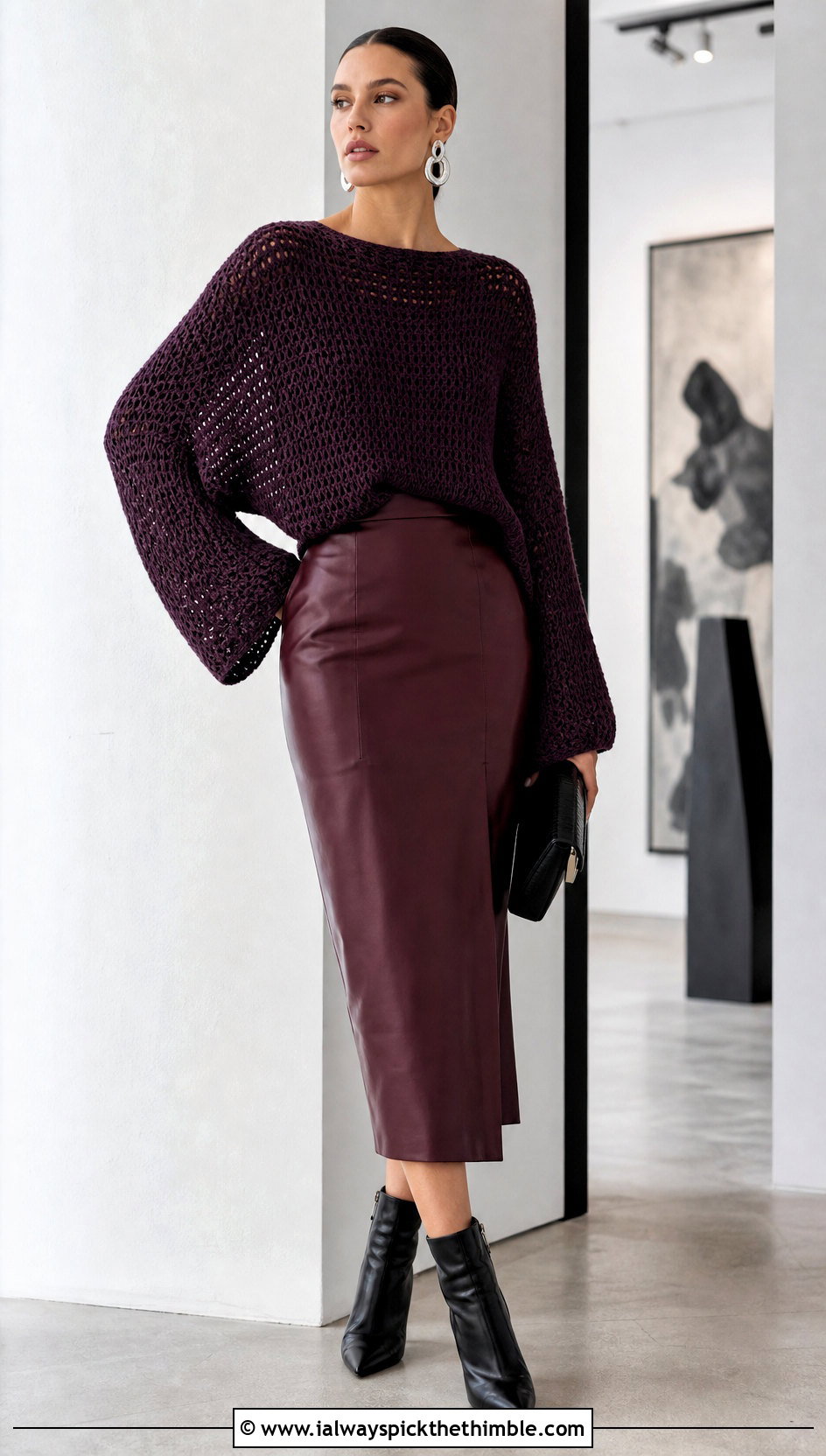 Batwing Rectangle Sweater With Leather Midi Skirt - 15 Crochet Sweater From Rectangle outfit ideas