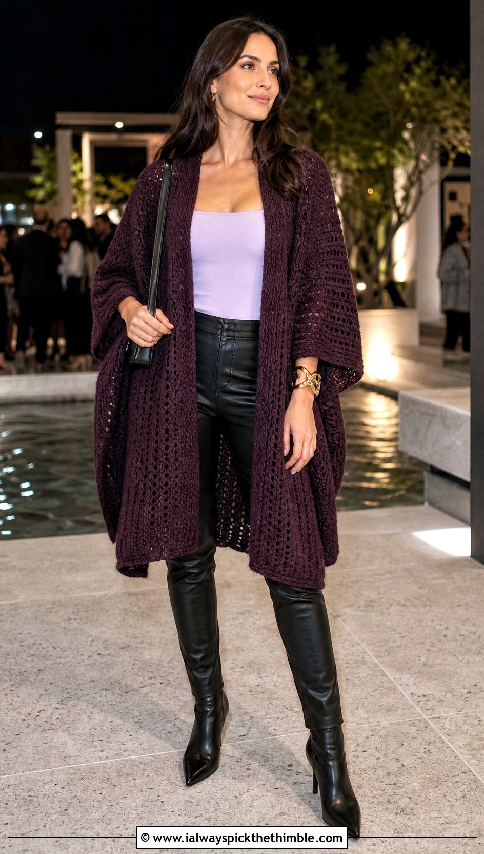 Batwing Shawl Crochet Cardigan With Leather Pants - 20 Shawl Crochet Cardigan outfit ideas