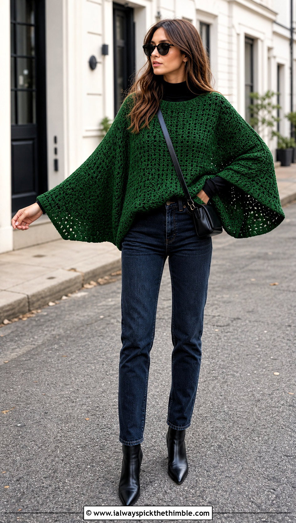 Batwing Spooky Crochet Sweater With Slim Jeans - 15 Spooky Crochet Sweater outfit ideas
