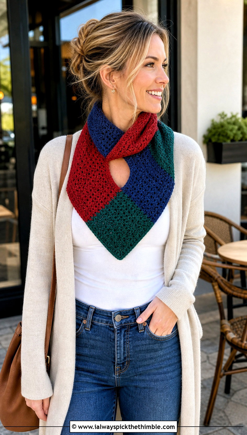 Bavarian Stitch Crochet Keyhole Scarf With Long Cardigan - 25 crochet keyhole scarf outfit ideas