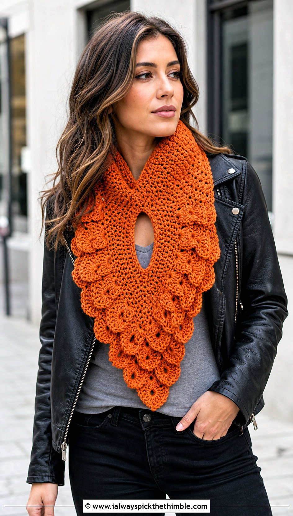 Bavarian Stitch Keyhole Crochet Scarf With Leather Jacket - 20 Keyhole Crochet Scarf outfit ideas