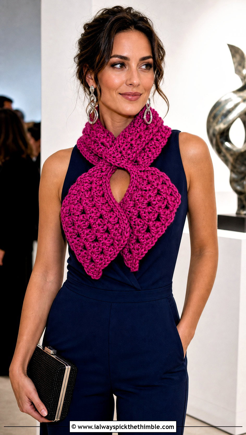 Bavarian Stitch Keyhole Scarf With Jumpsuit - 15 Crocheted Keyhole Scarf outfit ideas