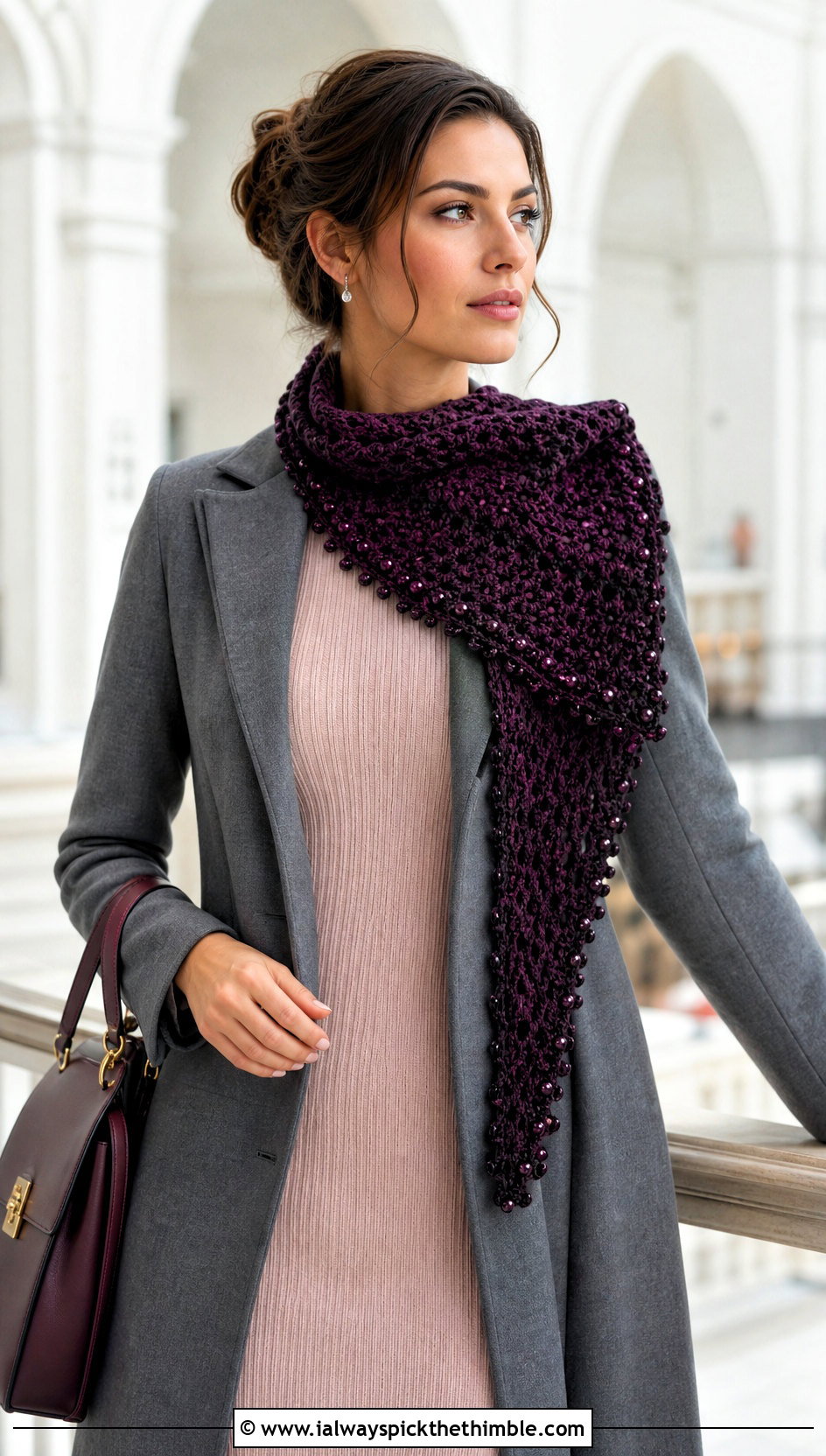 Beaded Asymmetrical Scarf With Ribbed Knit Dress - 15 beaded crochet scarf design outfit ideas