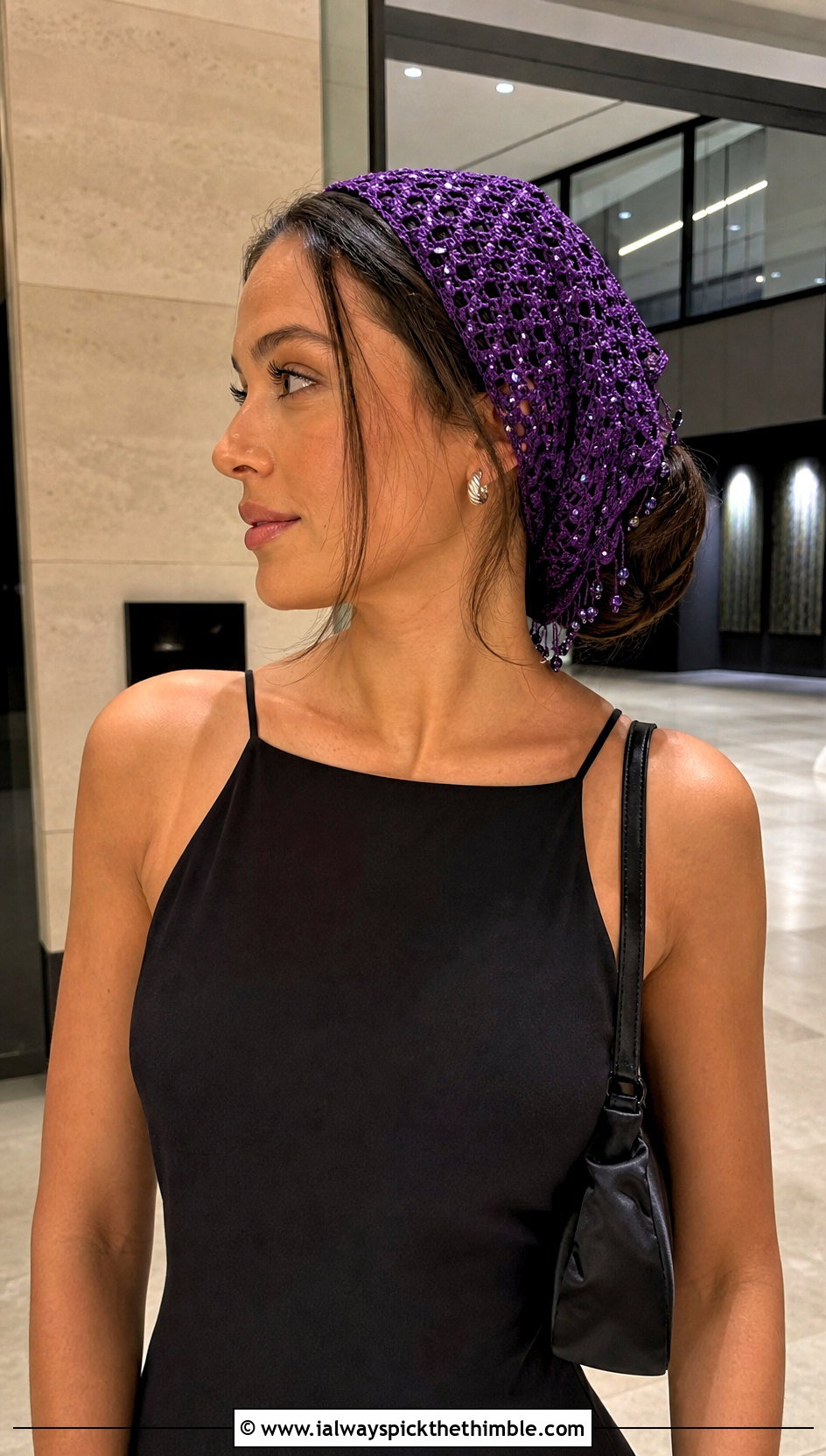 Beaded Bandana Crochet Scarf With Black Dress And Mary Janes - 20 Bandana Crochet Scarf outfit ideas