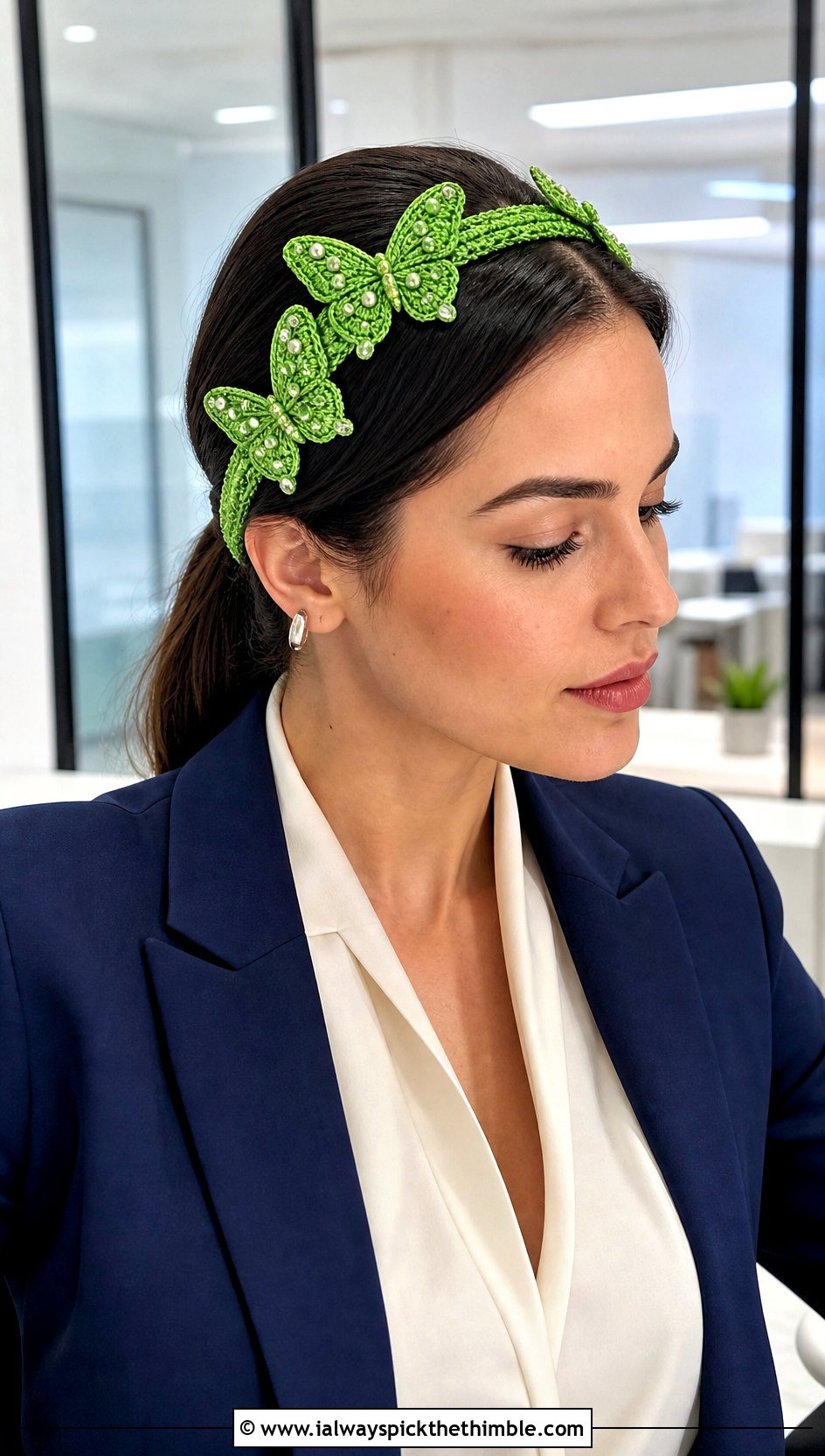 Beaded Butterfly Crochet Headband With Tailored Suit - 15 crochet butterfly headband outfit ideas