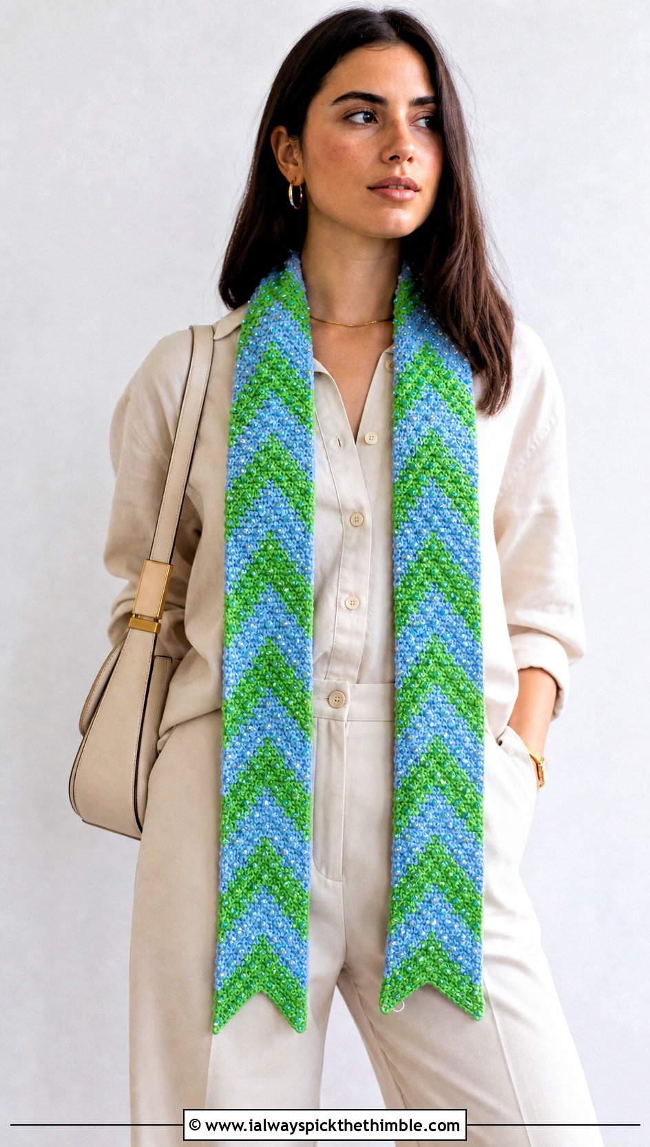 Beaded Chevron Scarf With Monochrome Separates - 15 beaded crochet scarf design outfit ideas