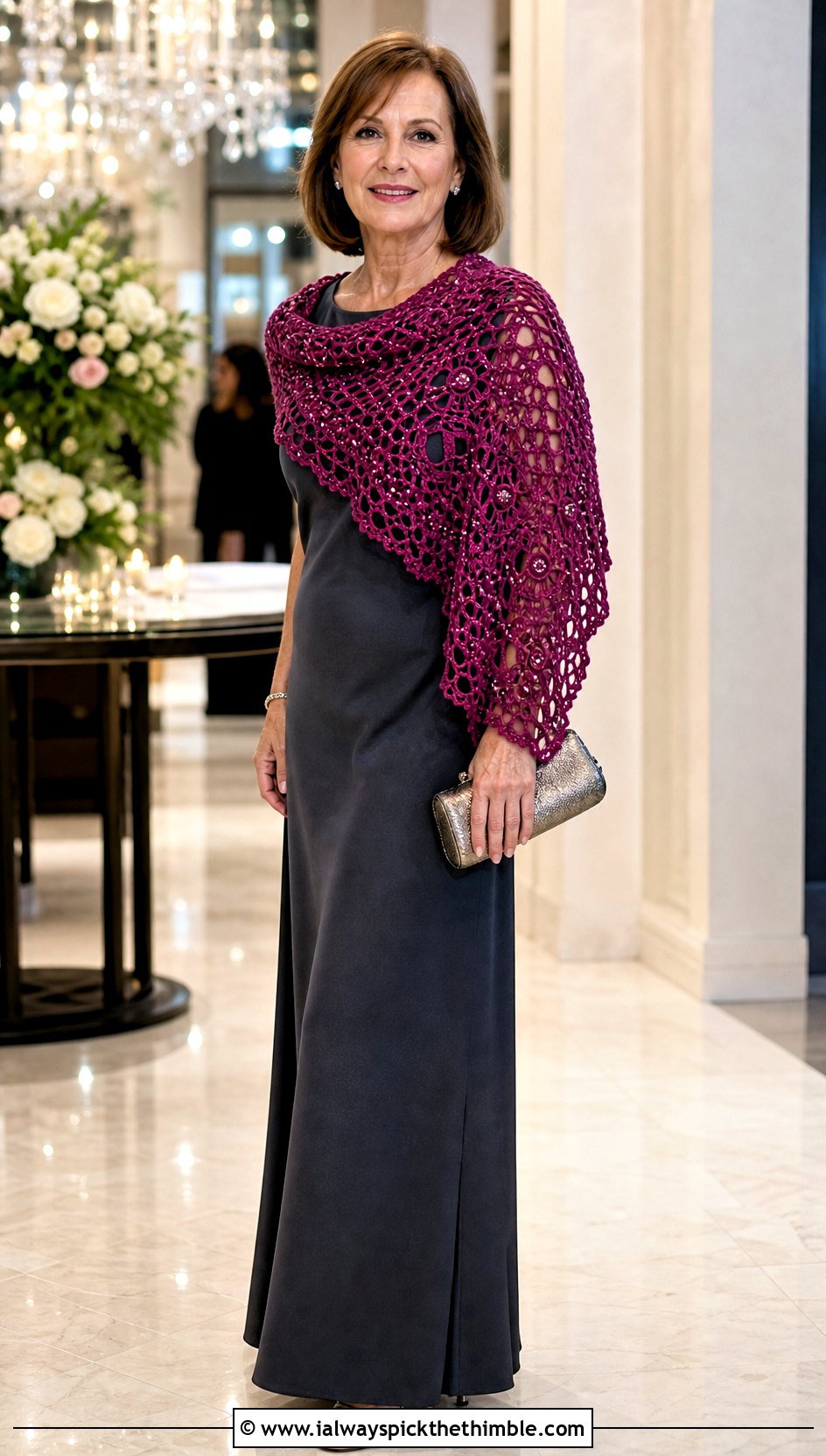 Beaded Circle Crochet Shawl With Evening Maxi Dress - 20 Circle Crochet Shawl outfit ideas