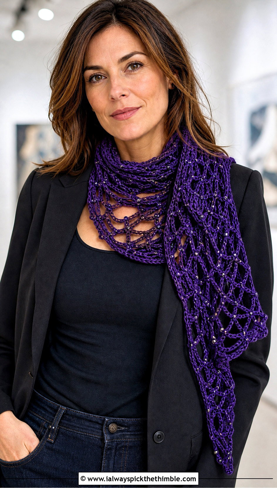 Beaded Cobweb Lace Scarf With Blazer And Jeans - 15 beaded crochet scarf design outfit ideas