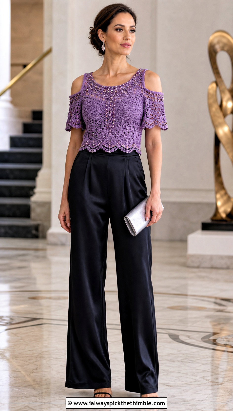 Beaded Cold Shoulder Crochet Top With Evening Trousers - 20 Cold Shoulder Crochet Top outfit ideas
