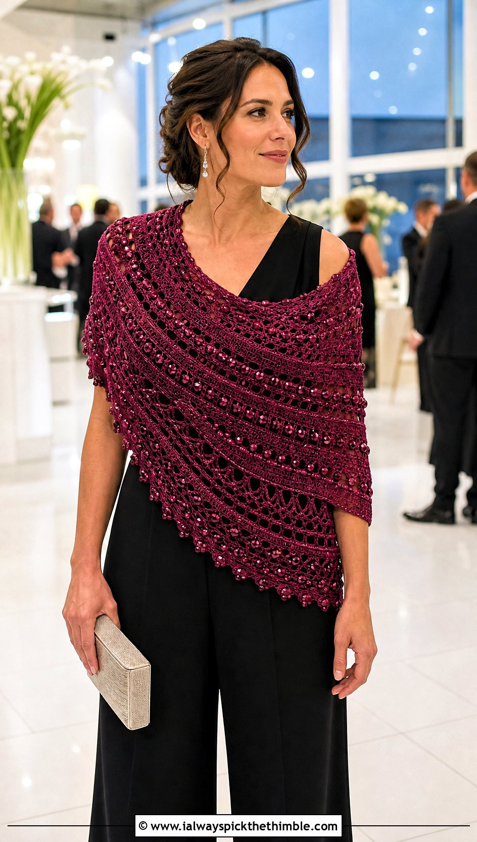 Beaded Crescent Crochet Shawl With Evening Jumpsuit - 20 Crescent Crochet Shawl outfit ideas