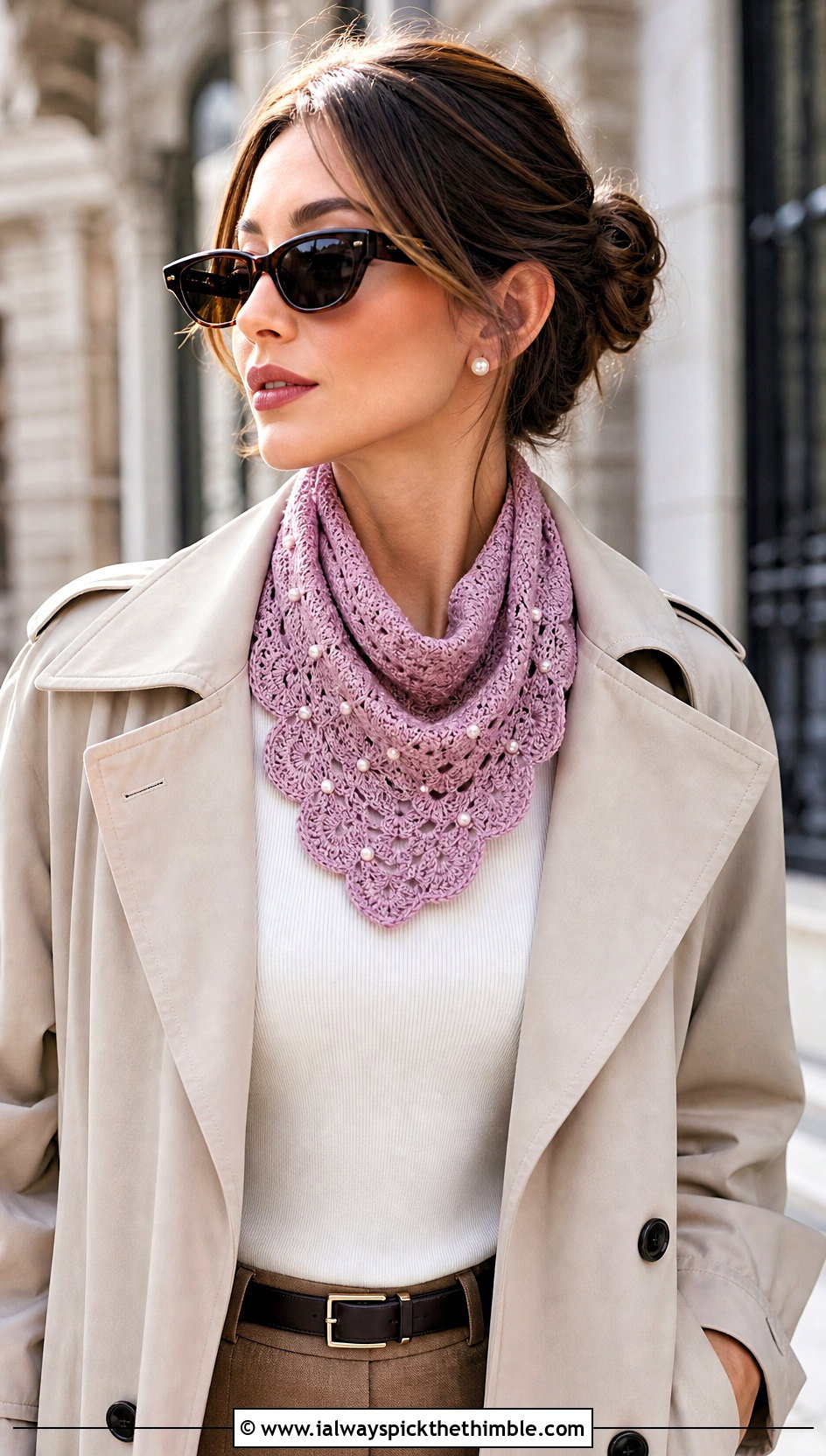Beaded Crescent Scarf With Trench Coat - 15 beaded crochet scarf design outfit ideas